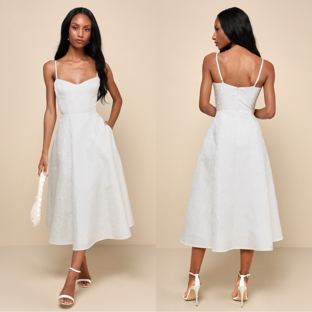 NWOT Lulus Meet for Tea White Jacquard Bustier Midi Dress With Pockets